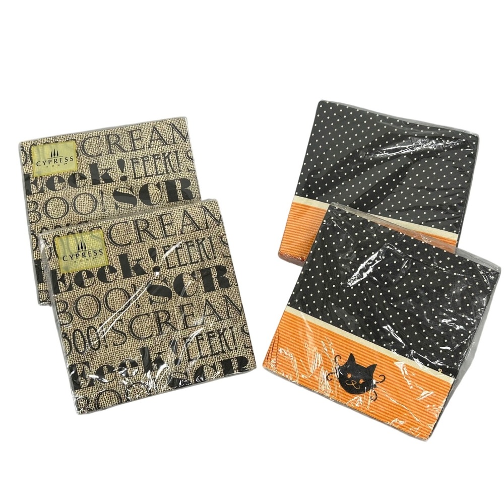 Cypress Halloween Napkins Black Cat Polka Dot Burlap Text Spooky Party (4 sets)